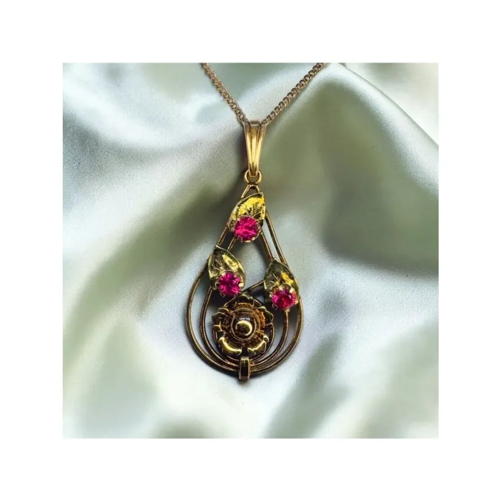 ANTIQUE -10K Gold -Art Nouveau -Ruby Necklace -17